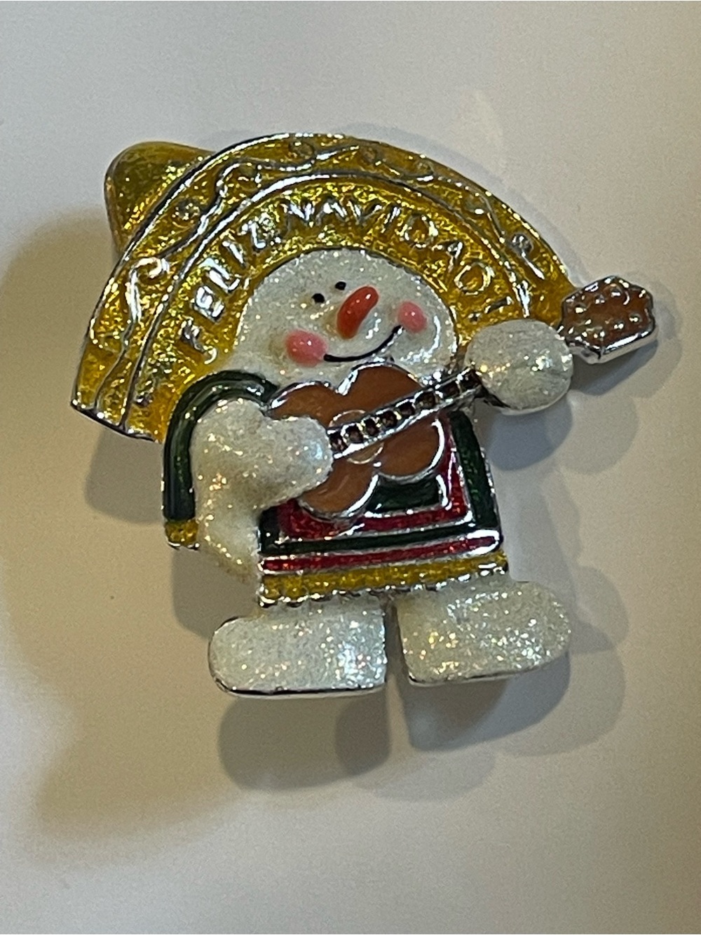Feliz Navidad Enamel Snowman Musician Silver Tone Brooch #0266